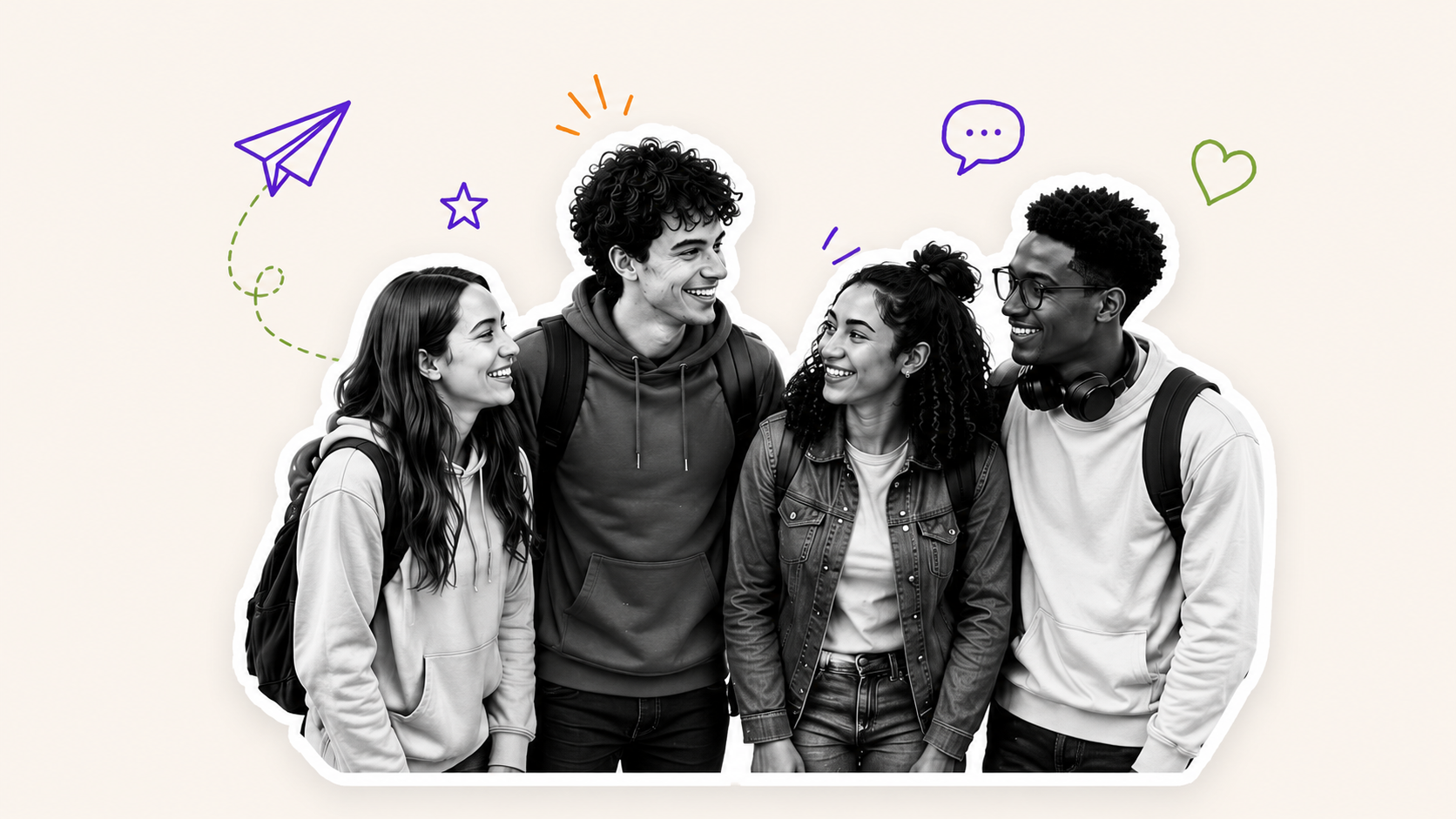 Jovens sorridentes com doodles &agrave; volta